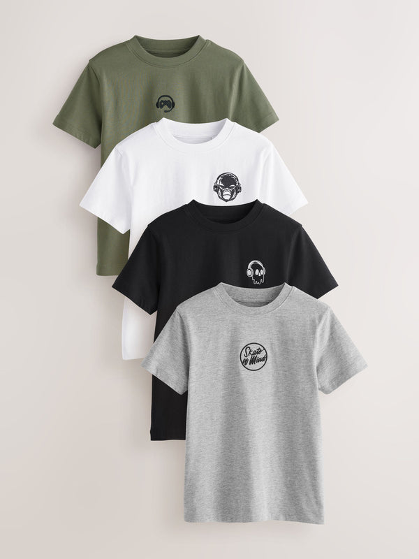 Black/White/Grey Marl/Khaki Short Sleeve Small Graphic T-Shirts 4 Pack (3-16yrs)