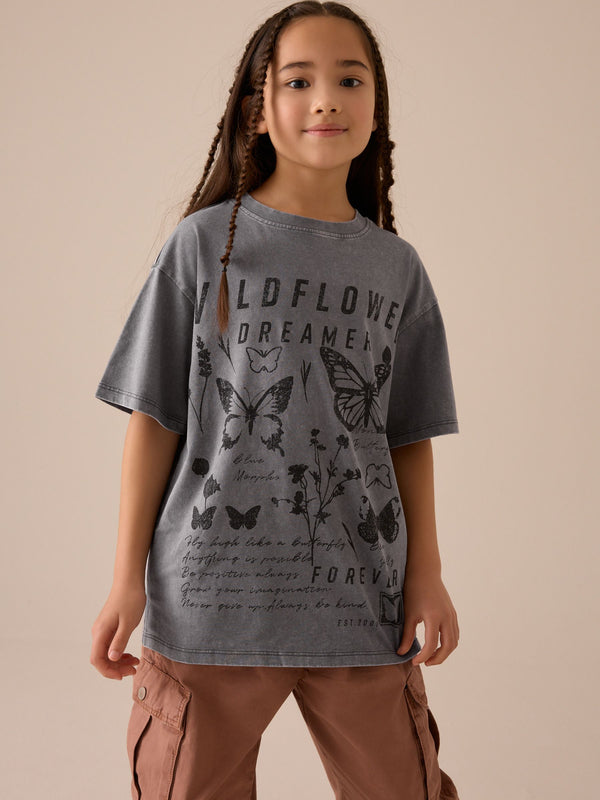 Charcoal Grey Oversized Graphic Print T-Shirt (3-16yrs)