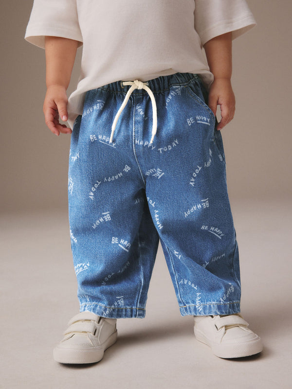 Mid Blue All Over Print Wide Leg Pull On 100% Cotton Jeans (3mths-7yrs)