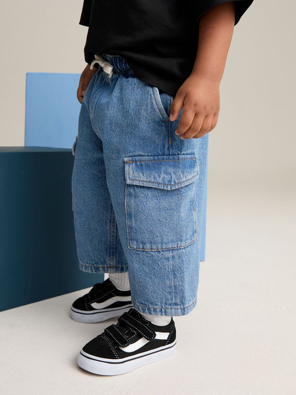 Mid Blue Denim Wide Leg Pull On Cargo 100% Cotton Jeans (3mths-7yrs)