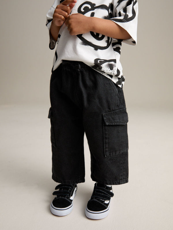 Black Denim Wide Leg Pull On Cargo 100% Cotton Jeans (3mths-7yrs)