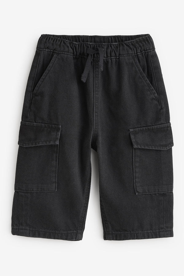 Black Denim Wide Leg Pull On Cargo 100% Cotton Jeans (3mths-7yrs)