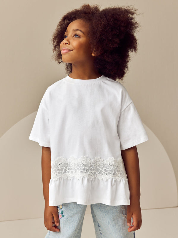 Ecru Lace Frill Hem T-Shirt (3-16yrs)