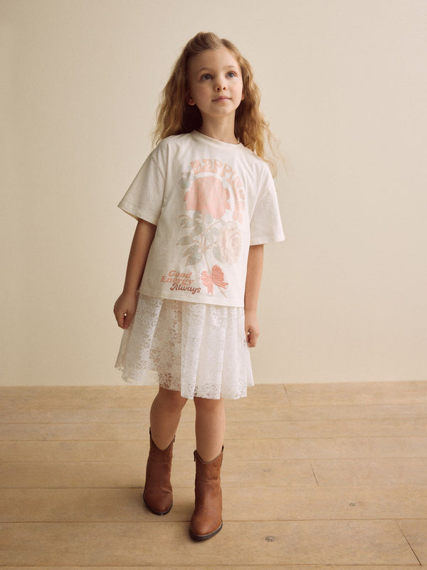 Ecru Oversized Floral Print T-Shirt with Jersey Lace Skirt Dress (3-12yrs)