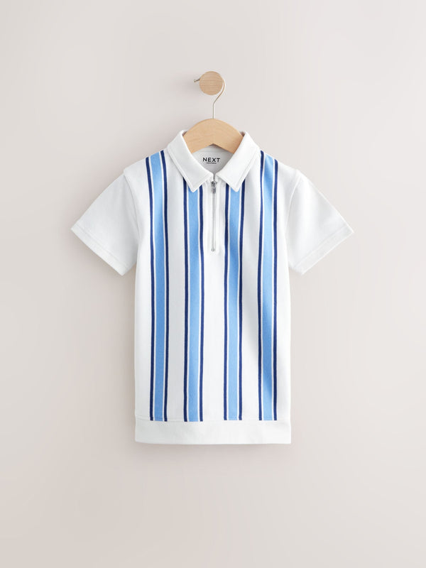Ecru White/Blue Vertical Stripe Zip Neck Short Sleeve 100% Cotton Polo Shirt (3-16yrs)
