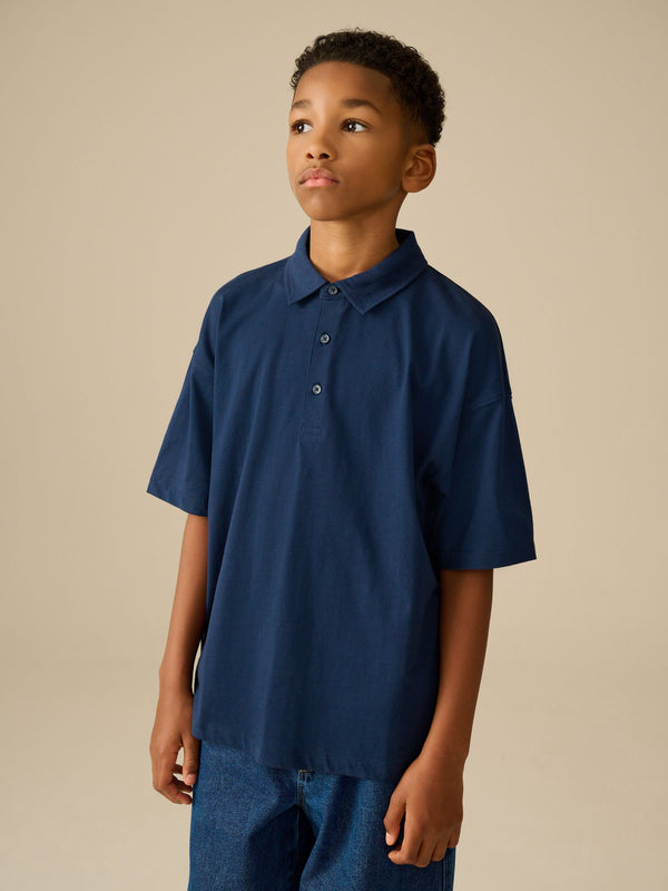 Navy Blue Boxy Fit 100% Cotton Short Sleeve Polo Shirt (3-16yrs)