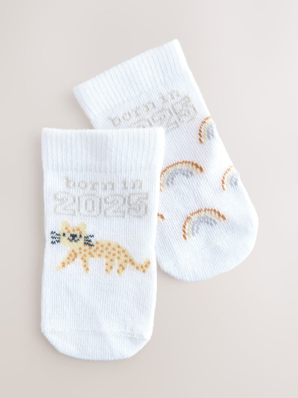 White Born In Born in 2025 Baby Socks 2 Pack (0-12mths)