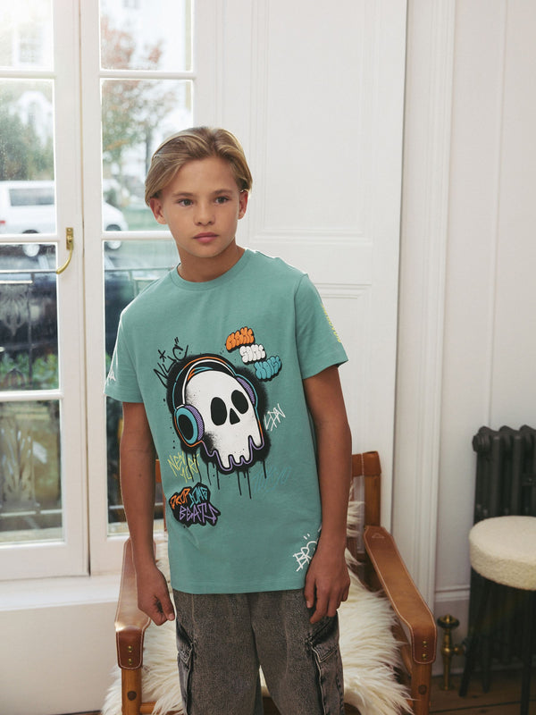 Green Graffiti Skull Regular Fit Short Sleeve Graphic T-Shirt (3-16yrs)