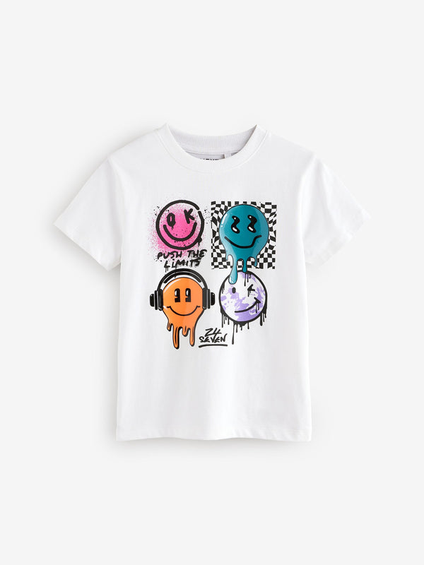 White Happy Face Regular Fit Short Sleeve Graphic Print T-Shirt (3-16yrs)