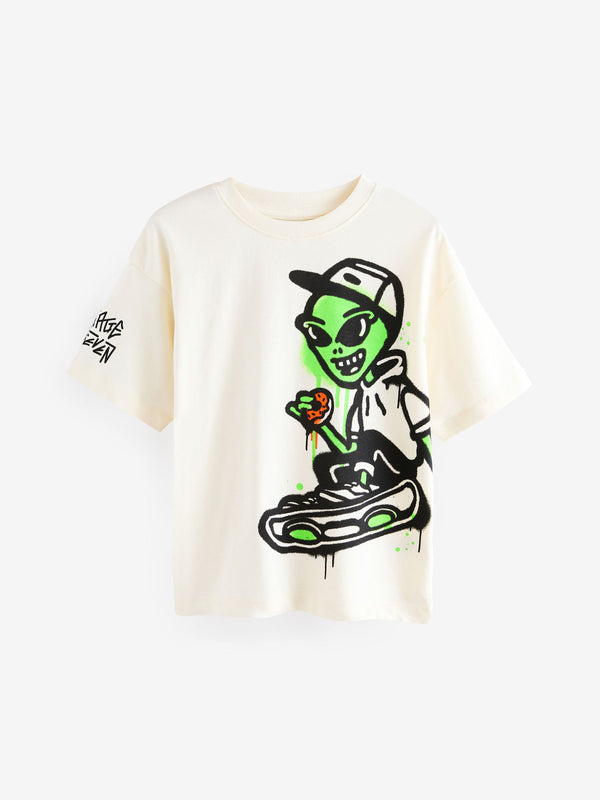 Ecru Cream Graffiti Alien Relaxed Fit Short Sleeve Graphic Print T-Shirt (3-16yrs)