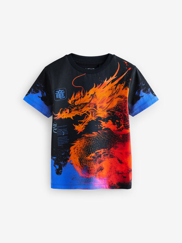 Black/Orange Dragon Regular Fit Short Sleeve All-Over Print T-Shirt (3-16yrs)