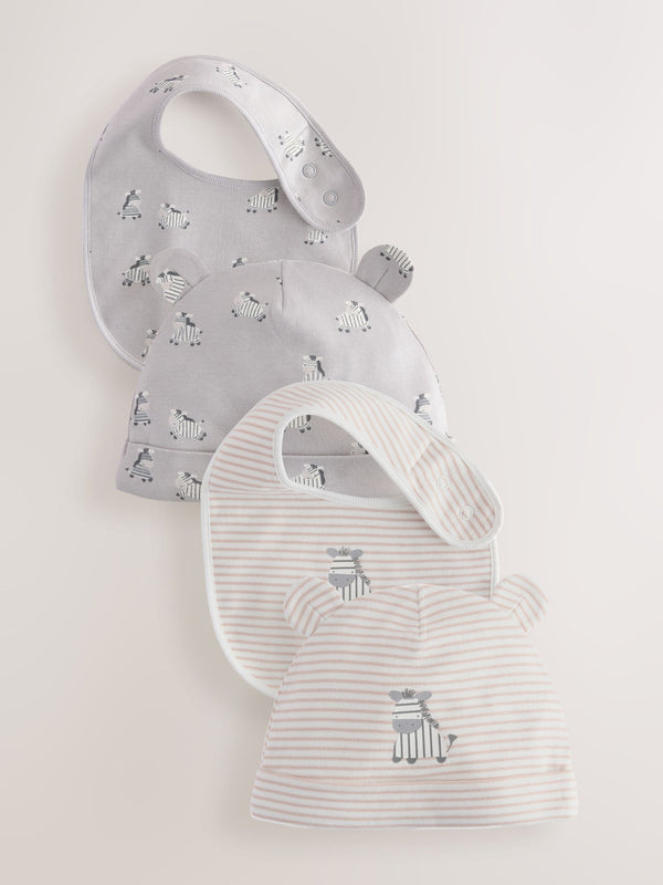 Grey/Neutral Zebra Beanie and Bib Baby Set 4 Piece (0-12mths)