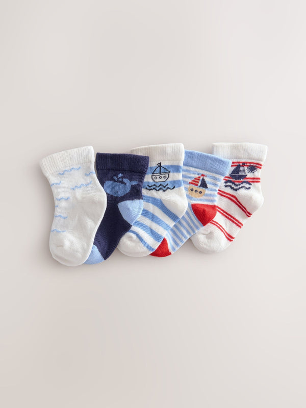 Blue Nautical Baby Socks 5 Pack (0mths-2yrs)