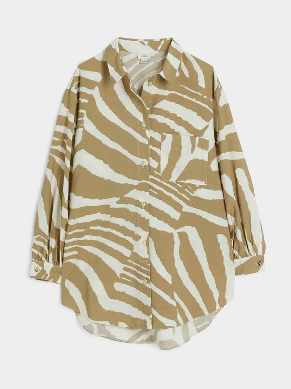 River Island Beige Girls Cropped Zebra Print 100% Cotton Shirt