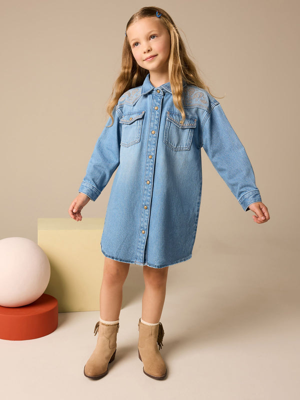 Blue Embroidered Denim Shirt Dress (3-16yrs)