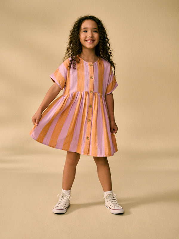 Orange/Pink Stripe Button Dress (3-16yrs)