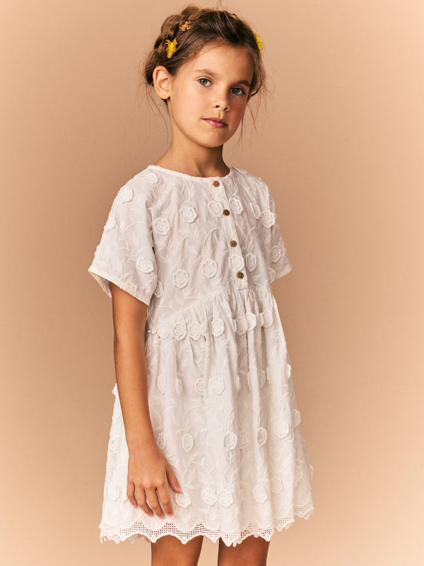 Cream Flower Embroidered Dress (3-16yrs)