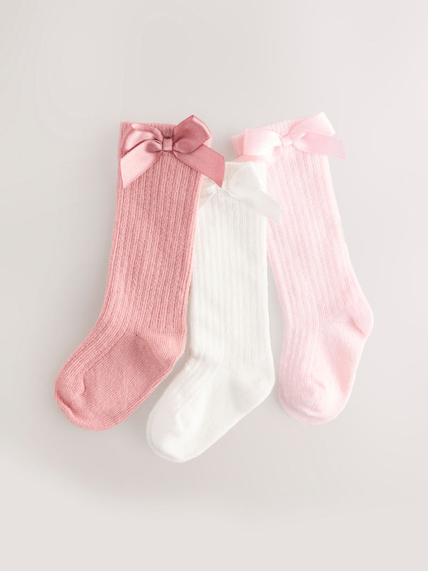 Pink Knee High Bow Baby Sock 3 Pack (0mths-2yrs)