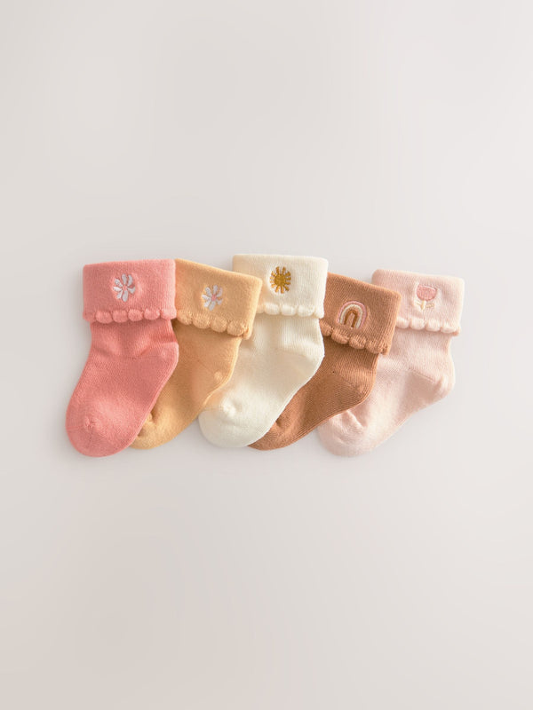 Tan Brown Embroidered Baby Roll Top Socks 5 Pack (0mths-2yrs)