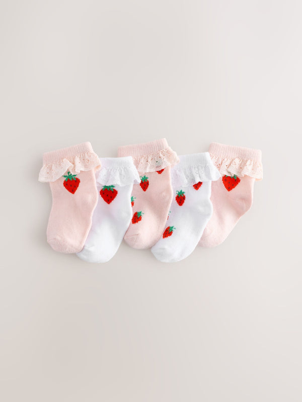 White/Pink Strawberry 5 Pack Strawbery Lace Baby Socks (0mths-2yrs)