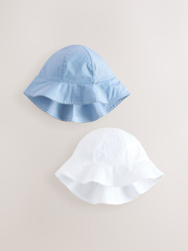 Blue/White Broderie And Chambray 100% Cotton Baby Hats 2 Pack (0mths-2yrs)