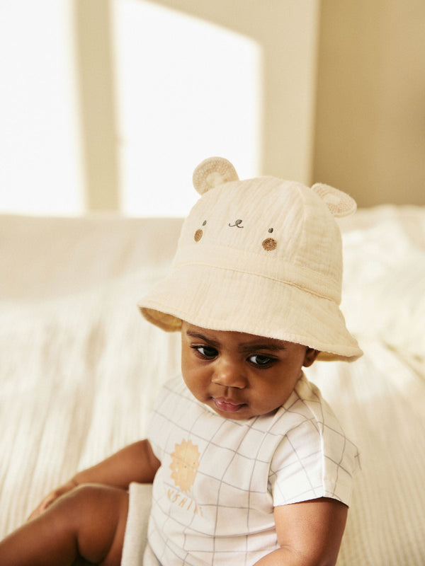 Neutral Bear 100% Cotton Baby Woven Bucket Hat