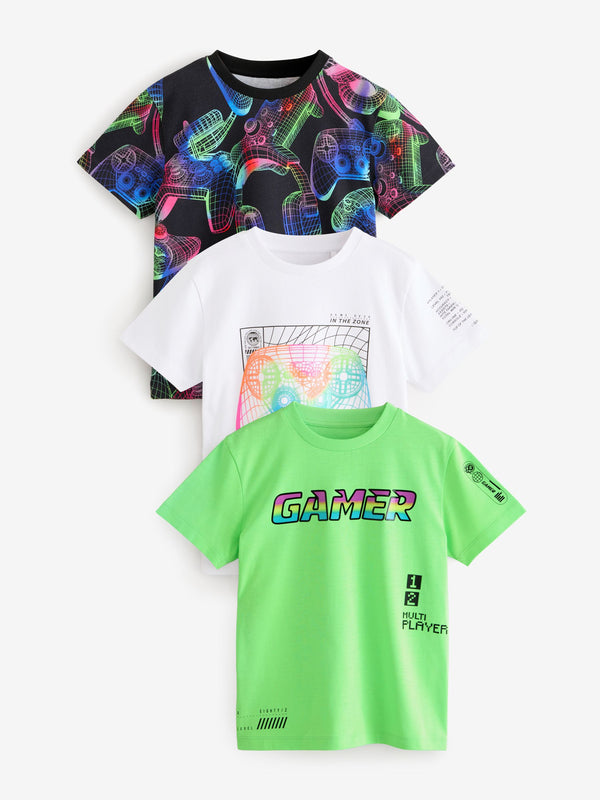 Black/White/Fluro Green Gamer Regular Fit Graphic Print Short Sleeve T-Shirts 3 Pack (3-16yrs)