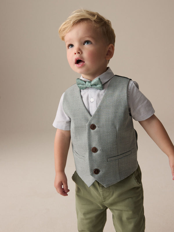 Sage Green Puppytooth Waistcoat, Shirt and Bow Tie Set (3mths-9yrs)