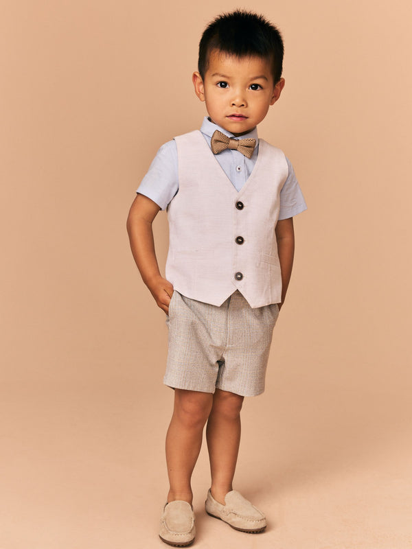 Neutral Tan Waistcoat Shirt Short and Bow Tie Set (3mths-9yrs)