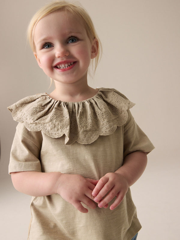 Brown Short Sleeve Broderie Collar 100% Cotton Top (3mths-7yrs)