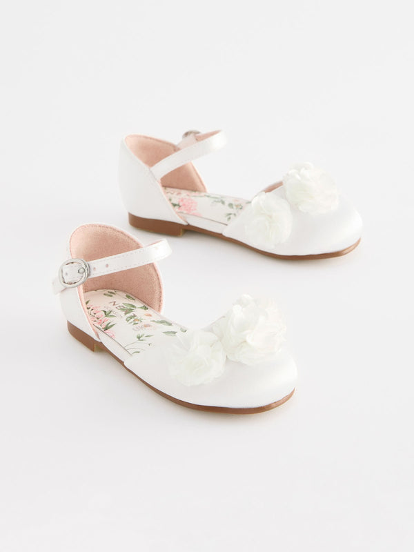 White Satin Flower Girl Ankle Strap Corsage Occasion Shoes