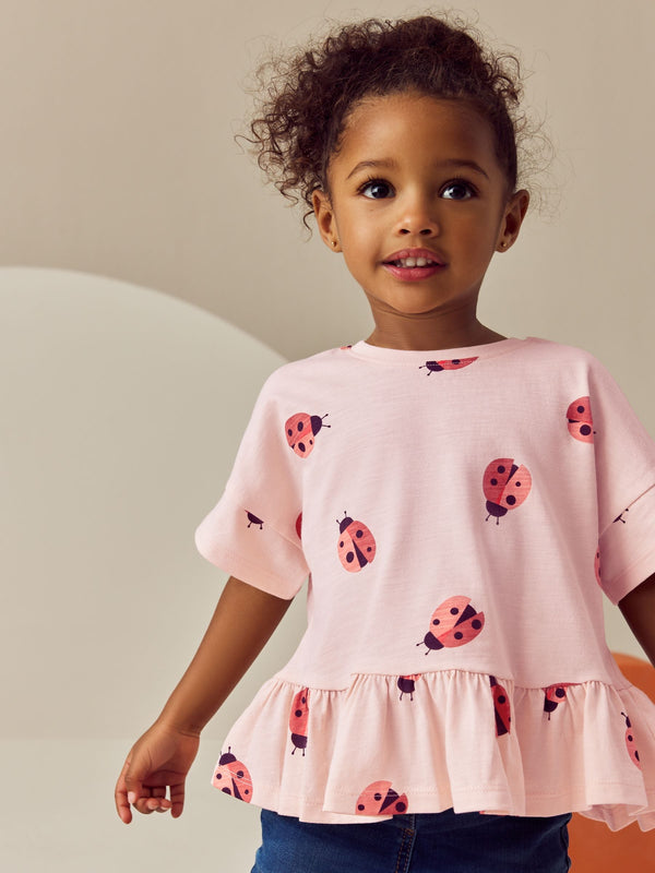 Pink Ladybird 100% Cotton Short Sleeve Peplum T-Shirt (3mths-7yrs)
