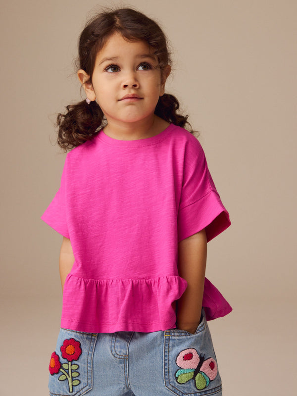 Pink 100% Cotton Short Sleeve Peplum T-Shirt (3mths-7yrs)