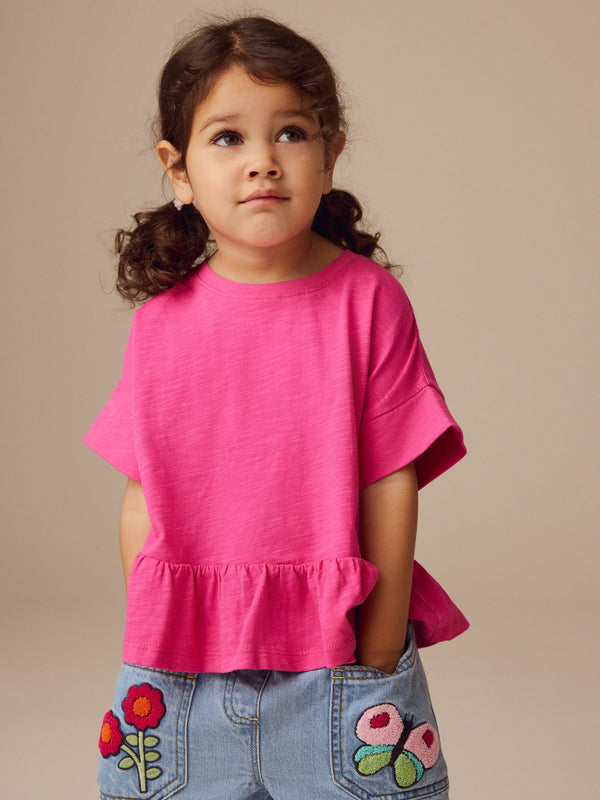 Pink 100% Cotton Short Sleeve Peplum T-Shirt (3mths-7yrs)