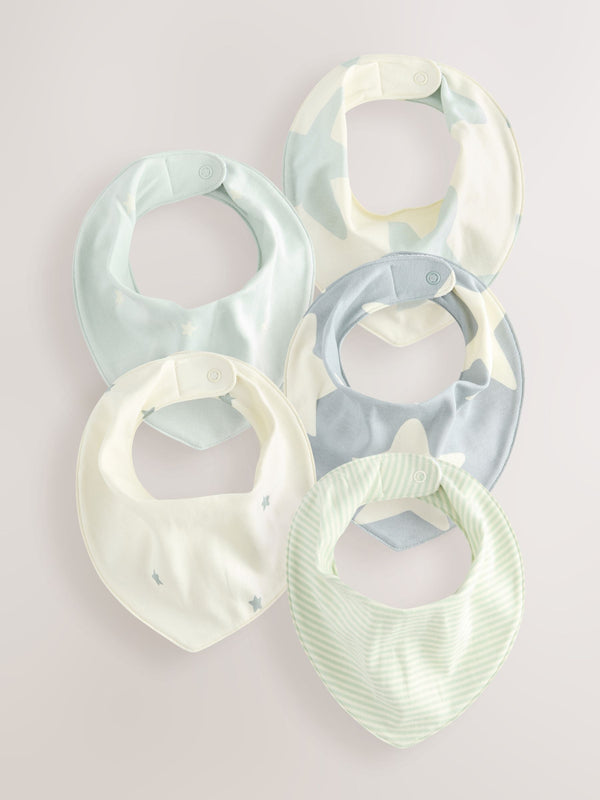 Green Star Print 5 Pack Dribble Baby 100% Cotton Bibs