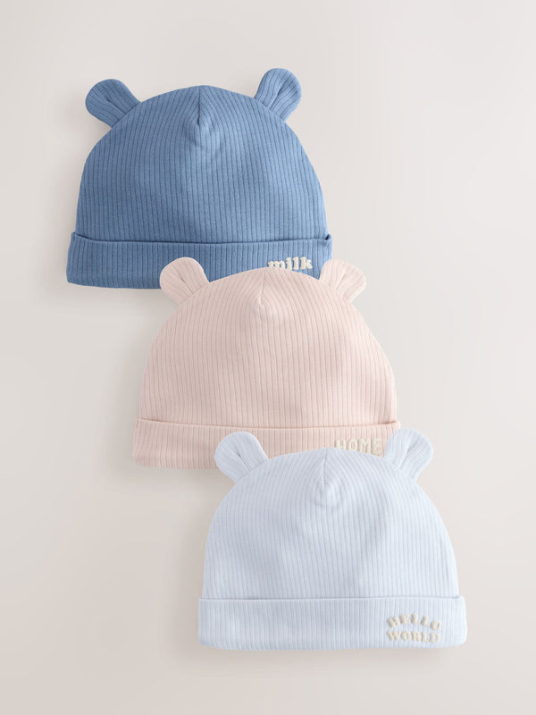 Blue 100% Cotton Slogan Baby Beanie Hats 3 Pack (0-18mths)