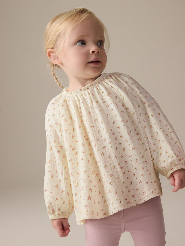 Cream Ditsy Floral Long Sleeve Gathered Neck Blouse (3mths-7yrs)