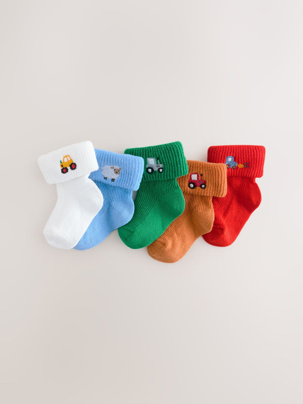 White Bright Character Embroidered Roll Top Socks 5 Pack (0mths-2yrs)