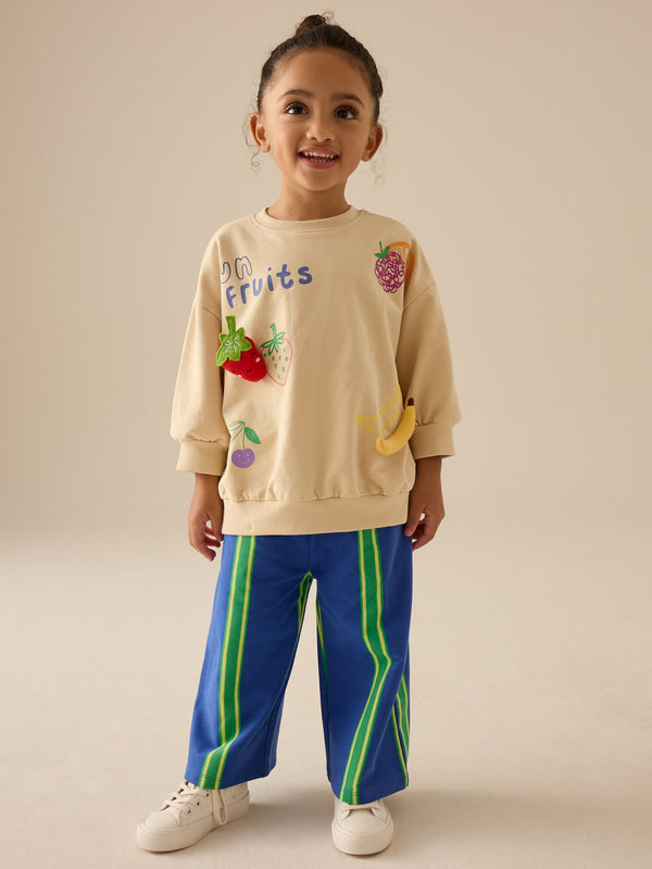 Cream Padded Fruits Long Sleeve Top and Wide Trousers Set (3mths-7yrs)