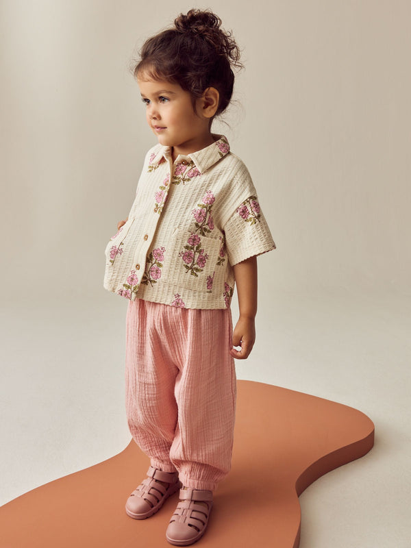 Pink/Cream Flower Short Sleeve Shirt and Trousers Set (3mths-7yrs)