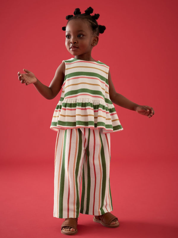 Green/Pink Stripe Peplum 100% Cotton Top and Wide Trousers Set (3mths-7yrs)