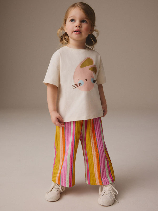 Rainbow Bunny Short Sleeve 100% Cotton T-Shirt and Wide Trousers Set (3mths-7yrs)