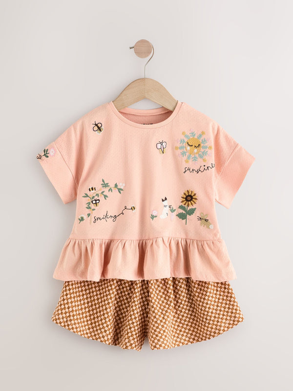 Coral Pink Flower Embroidery 100% Cotton Short Sleeve Peplum T-Shirt and Shorts Set (3mths-7yrs)