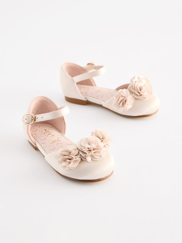 Ivory Satin Flower Girl Ankle Strap Corsage Occasion Shoes