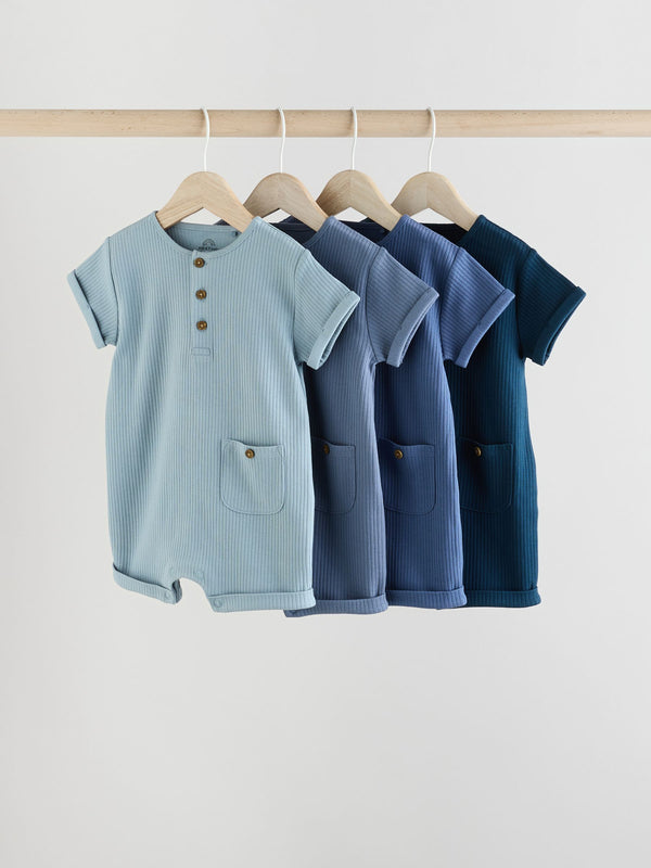 Blue Grandad Button Neck 4 Pack Baby Rompers