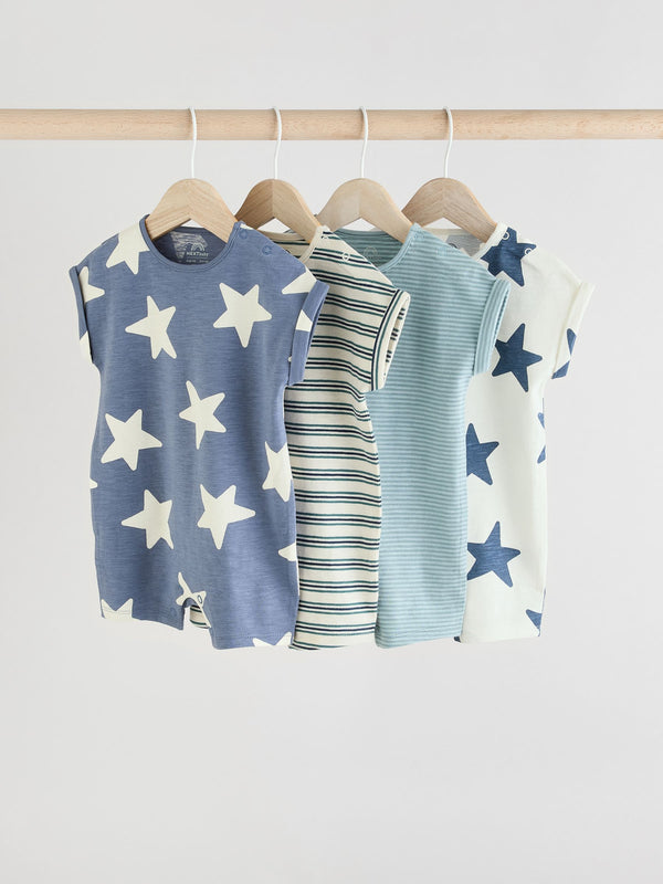 Teal Blue 100% Cotton Baby Rompers 4 Pack