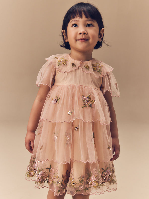 Peach Pink Short Sleeve Mesh Embellished Dress (3mths-7yrs)