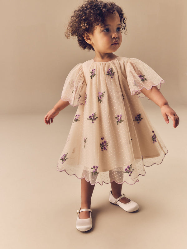 Neutral Short Sleeve Mesh Embellished Dress (3mths-7yrs)