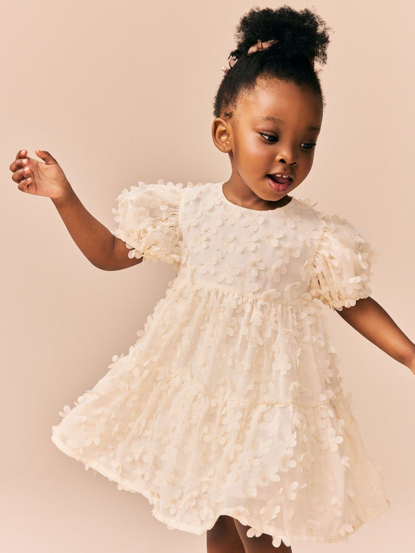 Ecru White Short Sleeve 3D Flowers Dress (3mths-8yrs)