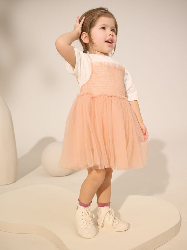 Peach Pink Short Sleeve Mesh Dress & T-Shirt Set (3mths-7yrs)